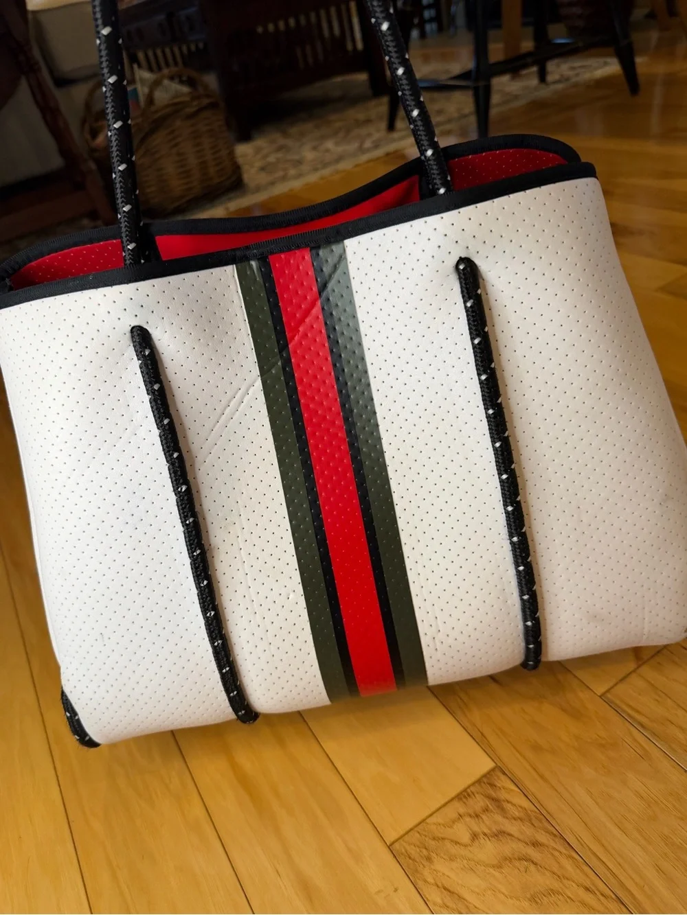HAUTE SHORE White Neoprene Tote with Red and Green Center Stripe